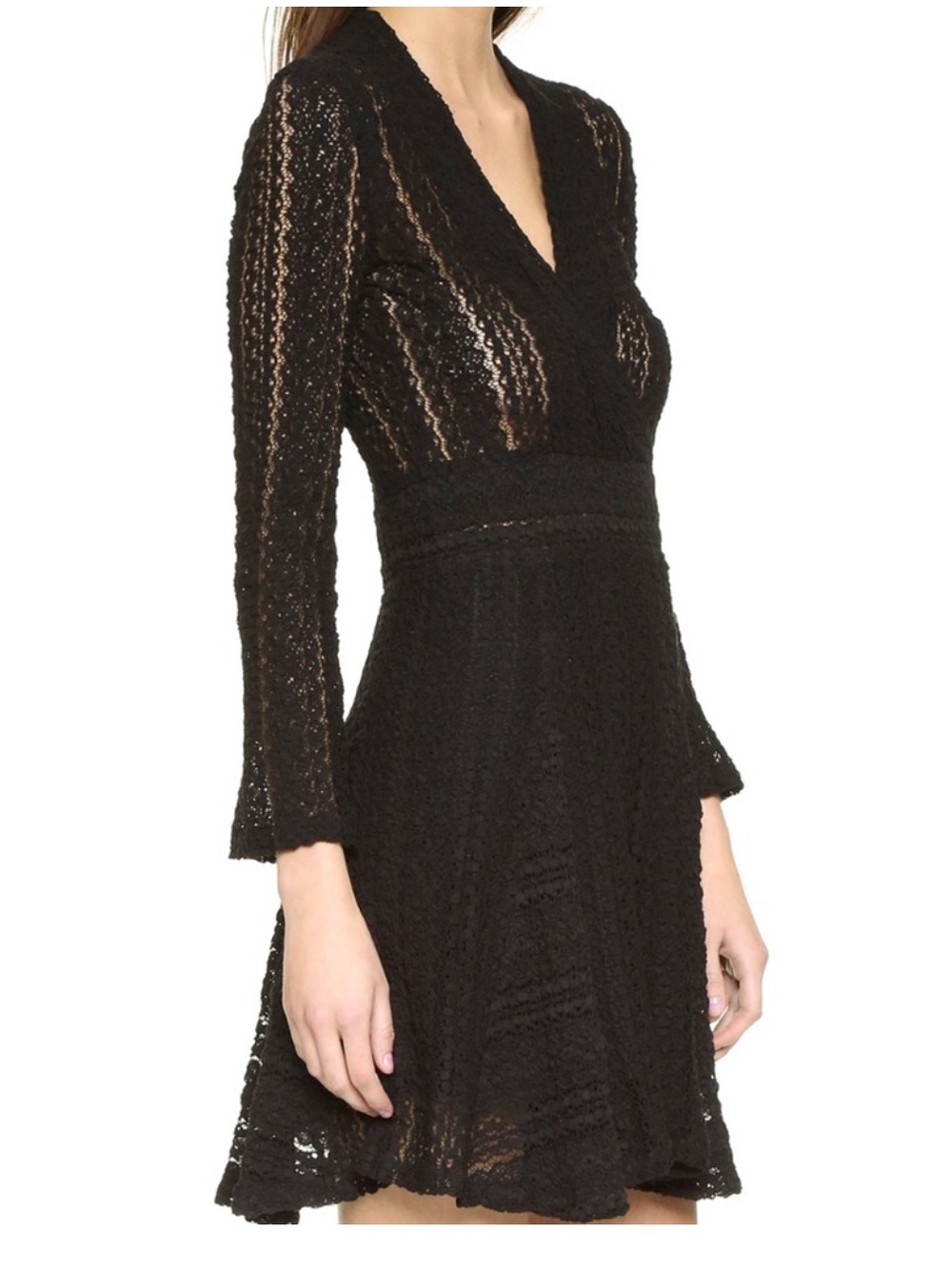 IRO Black Lace V-Neck Long Sleeve Fit-and-Flare Dress